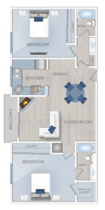 Two bedroom apartment floor plan available for rent in Hollywood, California.