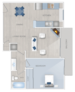 A floor plan of a one bedroom apartment available for rent in Hollywood, California.