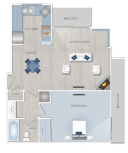 This floor plan showcases a two bedroom apartment available for rent in Hollywood, California.